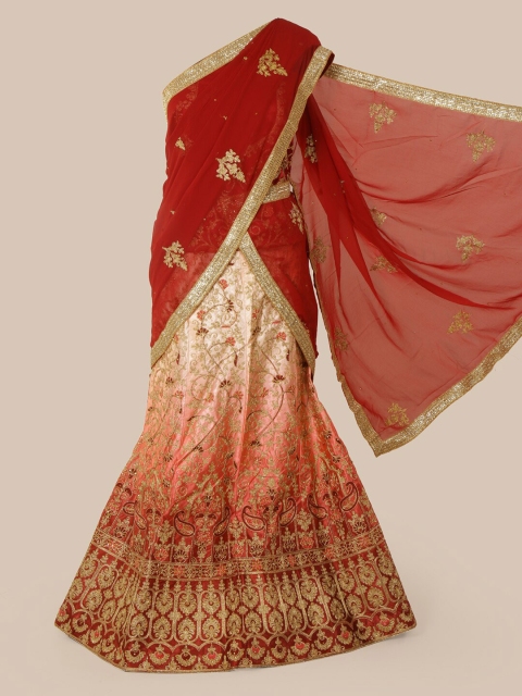 

Pothys Maroon & Peach-Coloured Poly Chiffon Embroidered Traditional Half Saree