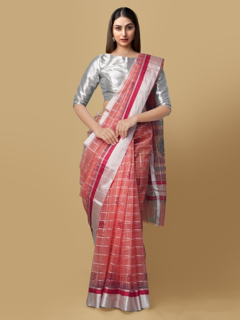 

Unnati Silks Red Organza Checked Block Print Saree
