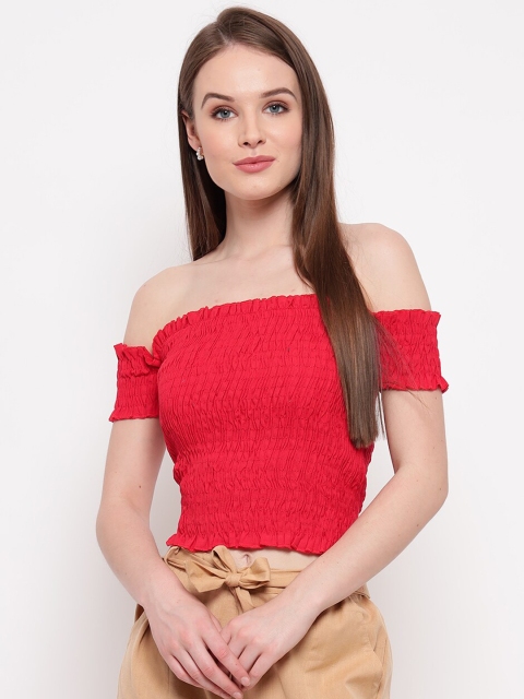 

Aawari Red Off-Shoulder Smocked Bardot Crop Top