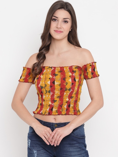 

Aawari Yellow & Red Printed Off-Shoulder Bardot Crop Top