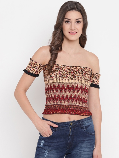 

Aawari Beige & Maroon Floral Printed Off-Shoulder Bardot Crop Top
