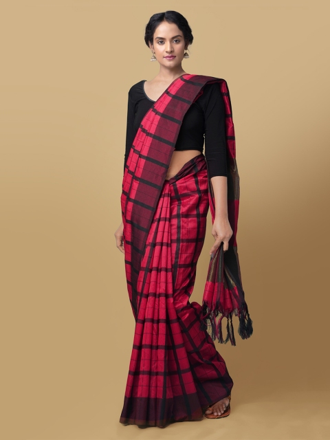 

Unnati Silks Red & Black Art Silk Checked Block Print Saree