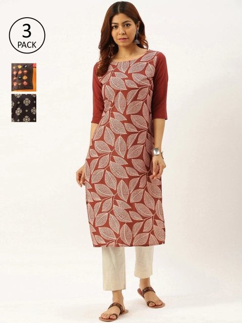 

7Threads Women Set Of 3 Printed Crepe Kurta, Red