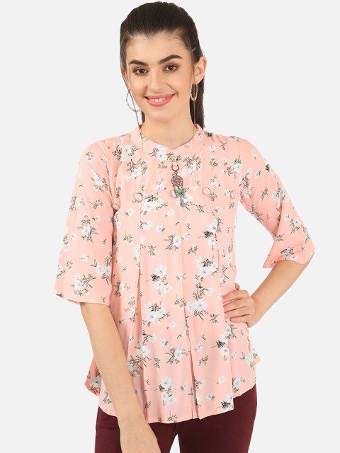 

V2 Value & Variety Peach-Coloured Printed Mandarin Collar A-Line Top