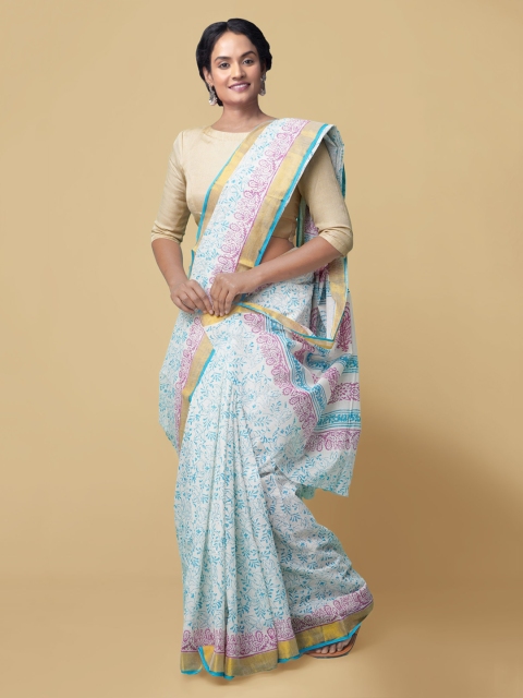 

Unnati Silks Cream-Coloured & Blue Pure Cotton Hand Block Printed Kasavu Saree