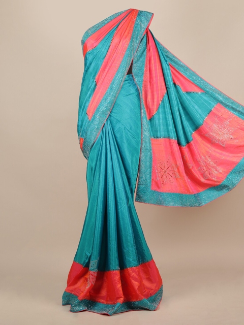 

Pothys Blue & Coral Jute Silk Colourblocked Saree