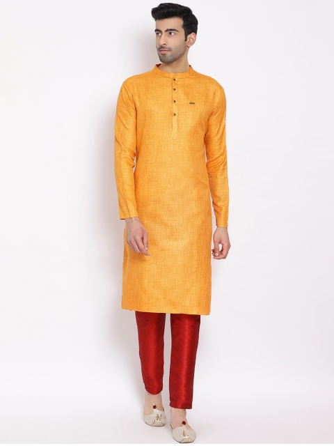 

DEVOILER Men Yellow Mandarin Collar Kurta