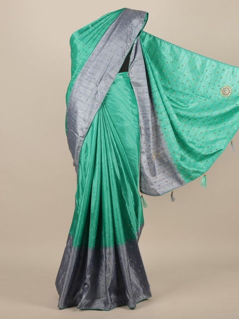 

Pothys Sea Green & Grey Jute Silk Colourblocked Saree