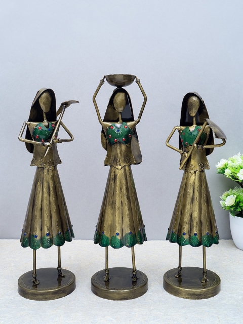 

Golden Peacock Set Of 3 Gold-Toned & Green Handcrafted Lady Farmer Showpieces