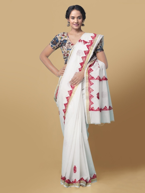 

Unnati Silks Off-White & Red Pure Cotton Kalamkari Printed Kasavu Saree