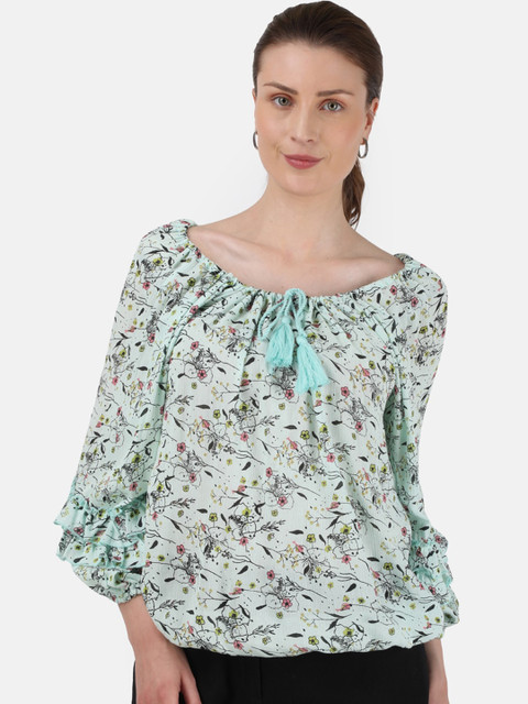 

Monte Carlo Green Floral Tie-Up Neck Bishop Sleeves Top