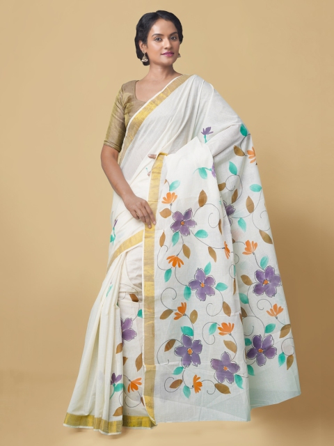 

Unnati Silks Cream-Coloured Printed Pure Cotton Saree