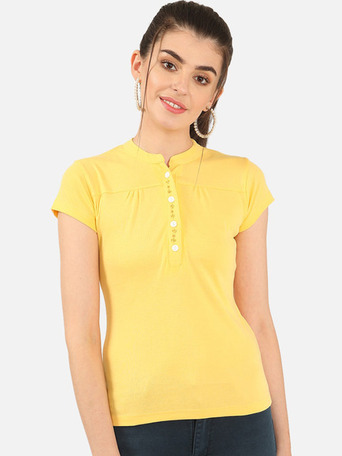 

V2 Value & Variety Yellow Mandarin Collar Chambray Regular Top