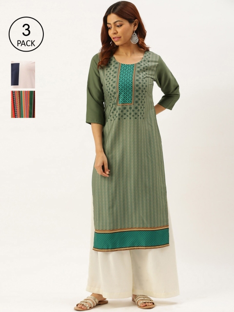 

7Threads Women Set Of 3 Printed Crepe Kurta, Green