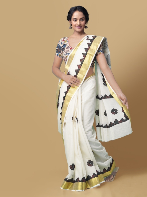 

Unnati Silks Cream-Coloured & Black Pure Cotton Embroidered Kasavu Saree