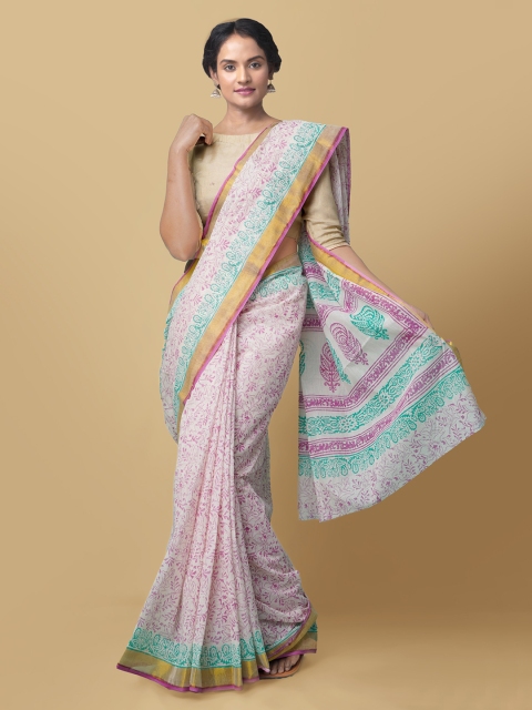 

Unnati Silks Cream-Coloured & Purple Pure Cotton Printed Block Print Saree