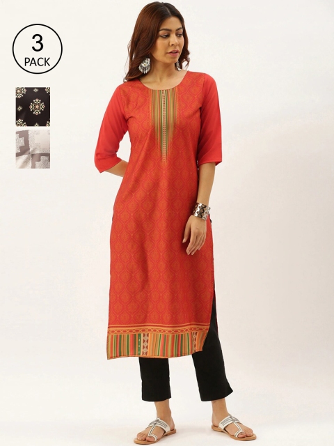 

7Threads Women Pack of 3 Ethnic Motifs Printed Crepe Kurtas, Red