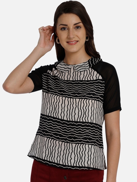

Yaadleen Black & Off White Striped Peter Pan Collar Georgette Regular Top