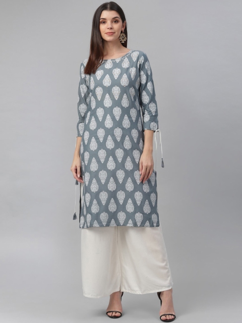 

nesara Women Grey Ethnic Motifs Printed Regular Straight Pure Cotton Kurta with Palazzos