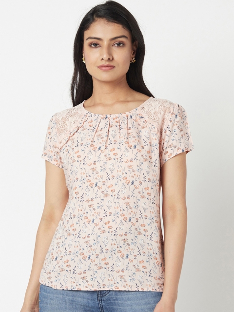 

Miss Grace Peach-Coloured Floral Pure Cotton Regular Top