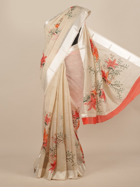 Pothys Cream-Coloured Printed Jute Silk Saree