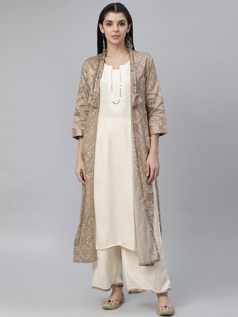 

nesara Women Off-White & Beige Printed Kurta with Palazzos & Jacket