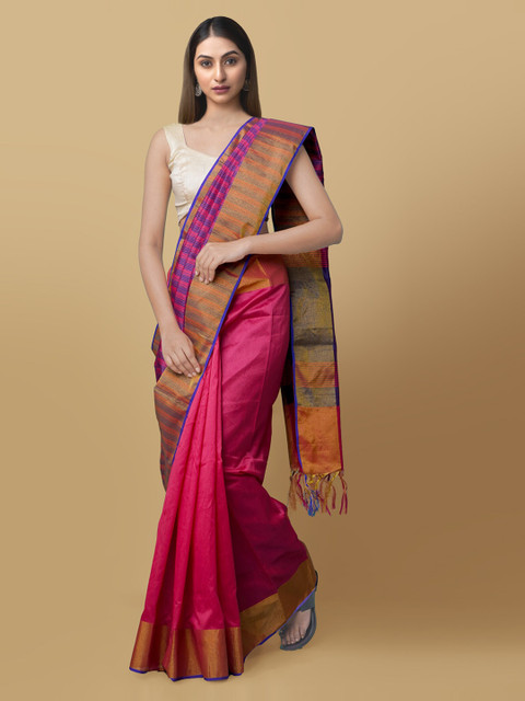 

Unnati Silks Pink & Blue Art Silk Printed Block Print Saree