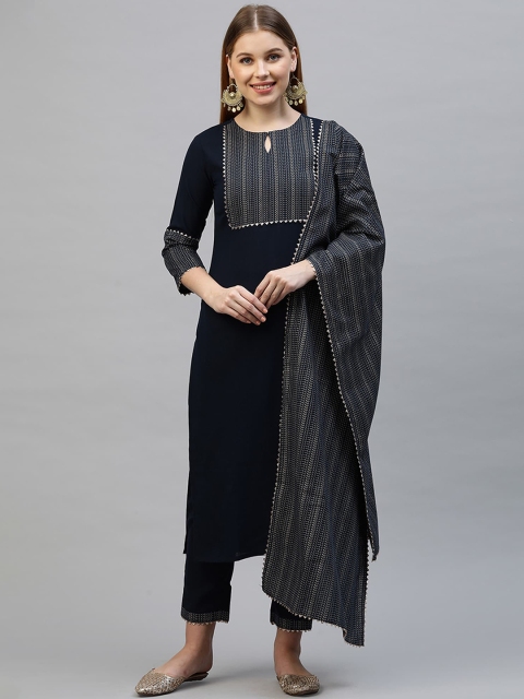 

Indo Era Women Navy Blue Yoke Design Kurta with Trousers & Dupatta