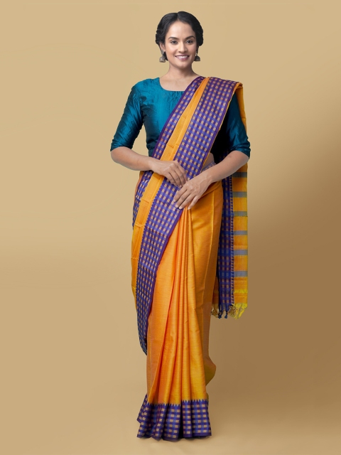 

Unnati Silks Orange & Blue Silk Cotton Solid Narayan Peth Saree