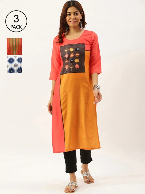 

7Threads Women Pack Of 3 Multicoloured Geometric Printed Crepe Kurtas, Multi