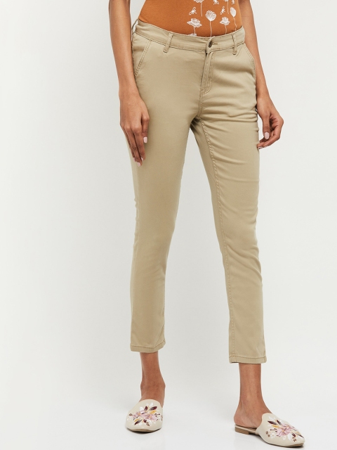 

max Women Beige Skinny Fit Solid Regular Stretchable Cropped Trousers