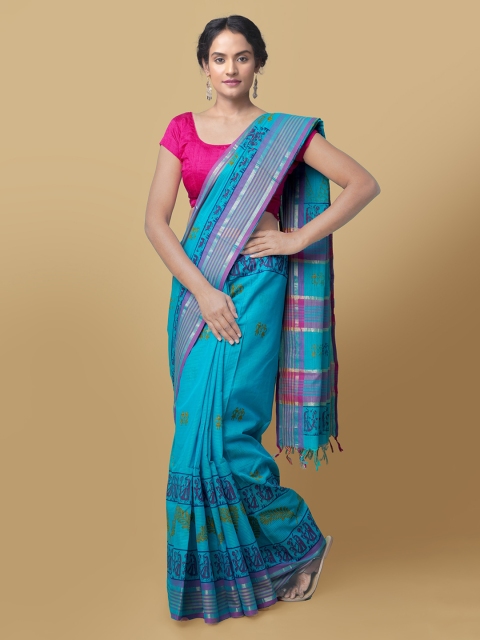 

Unnati Silks Blue Pure Cotton Printed Mangalagiri Saree