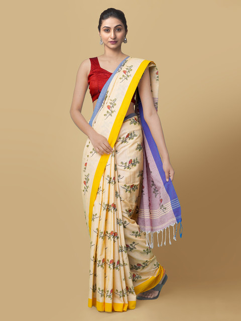 

Unnati Silks Yellow & Lavender Pure Linen Printed Jamdani Saree