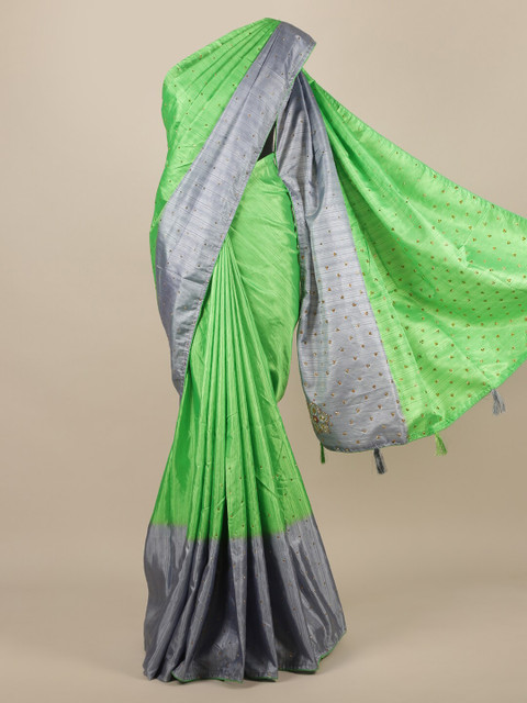 

Pothys Green & Grey Melange Jute Silk Embellished Saree