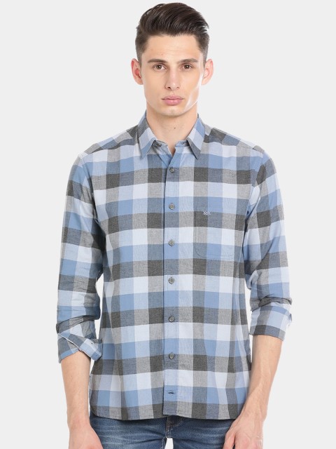 

Double Two Men Blue & Grey Slim Fit Checked Cotton Casual Shirt
