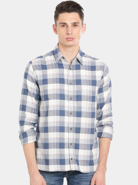 

Double Two Men Grey & White Slim Fit Checked Cotton Casual Shirt