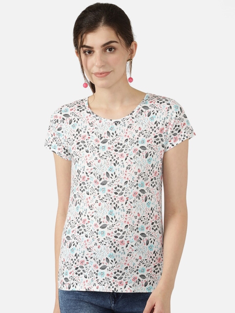

V2 Value & Variety White & Blue Floral Printed Chambray Regular Top
