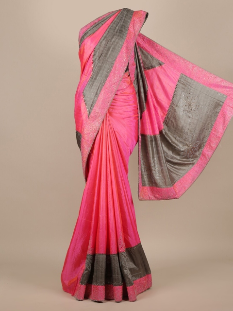 

Pothys Pink & Grey Jute Silk Colourblocked Saree