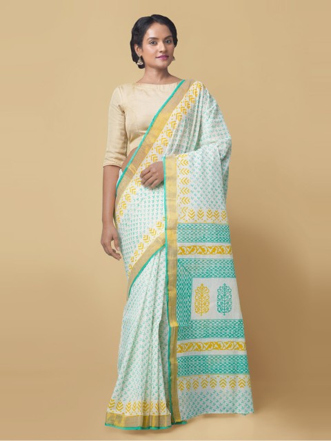 

Unnati Silks Cream-Coloured & Green Pure Cotton Printed Kasavu Saree