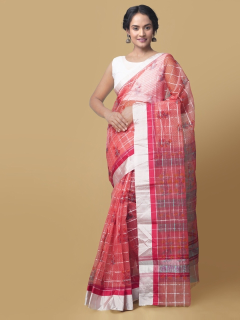 

Unnati Silks Red Organza Checked Block Print Saree