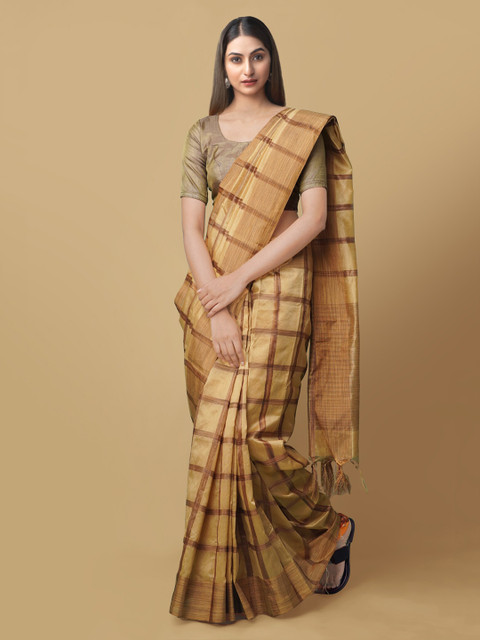 

Unnati Silks Brown Art Silk Checked Block Print Saree