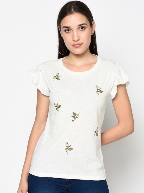 

Miss Grace Off White & Green Floral Embroidered Regular Top