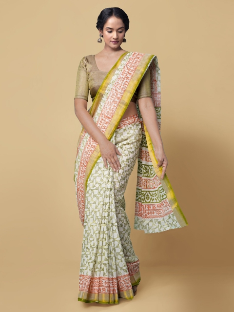 

Unnati Silks Off-White Pure Cotton Printed Kasavu Saree