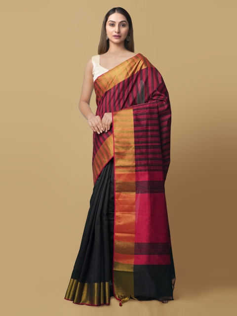 

Unnati Silks Maroon & Black Art Silk Striped Block Print Saree