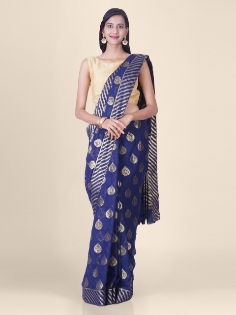 

Hastakala Navy Blue & Gold-Toned Poly Georgette Woven Design Banarasi Saree