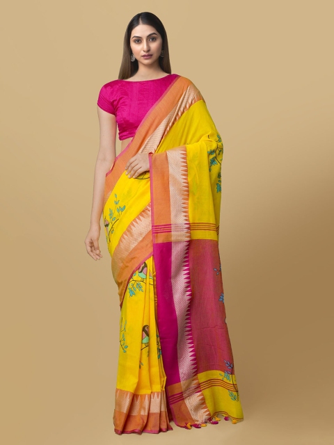 

Unnati Silks Yellow & Pink Pure Linen Printed Jamdani Saree