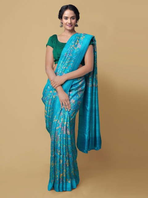 

Unnati Silks Blue Pure Silk Printed Tussar Saree