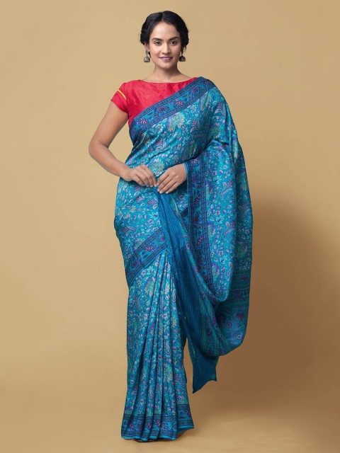 

Unnati Silks Blue Pure Silk Printed Tussar Saree