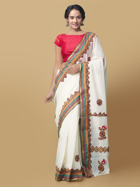 

Unnati Silks Cream-Coloured Solid Pure Cotton Saree