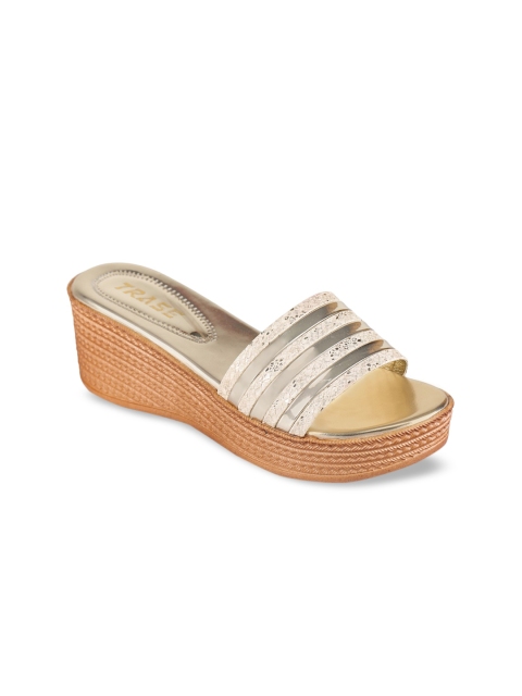 

TRASE Women Gold-Toned & Cream-Coloured Striped Stella Heels